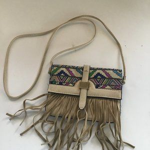 Indian/Aztec pattern, tan fringe purse